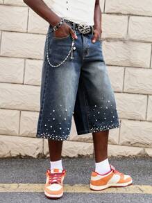 ROMWE MEN Street Life Men Street Life Loose Fit Jeans With Faux Pearl Decor Insert Pockets
