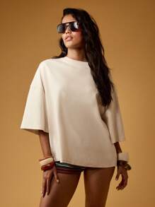 MISSGUIDED 复古夏季柠檬水摊超大图案 T 恤复古海滩休闲宽松棉质短袖 T 恤 - 杏色 - 查看 2