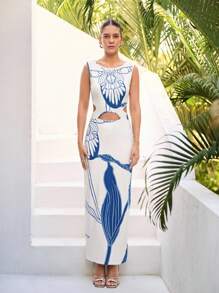 Sunsella Abito lungo elegante da donna estivo senza maniche con cut-out e spacco, adatto per vacanze e spiaggia