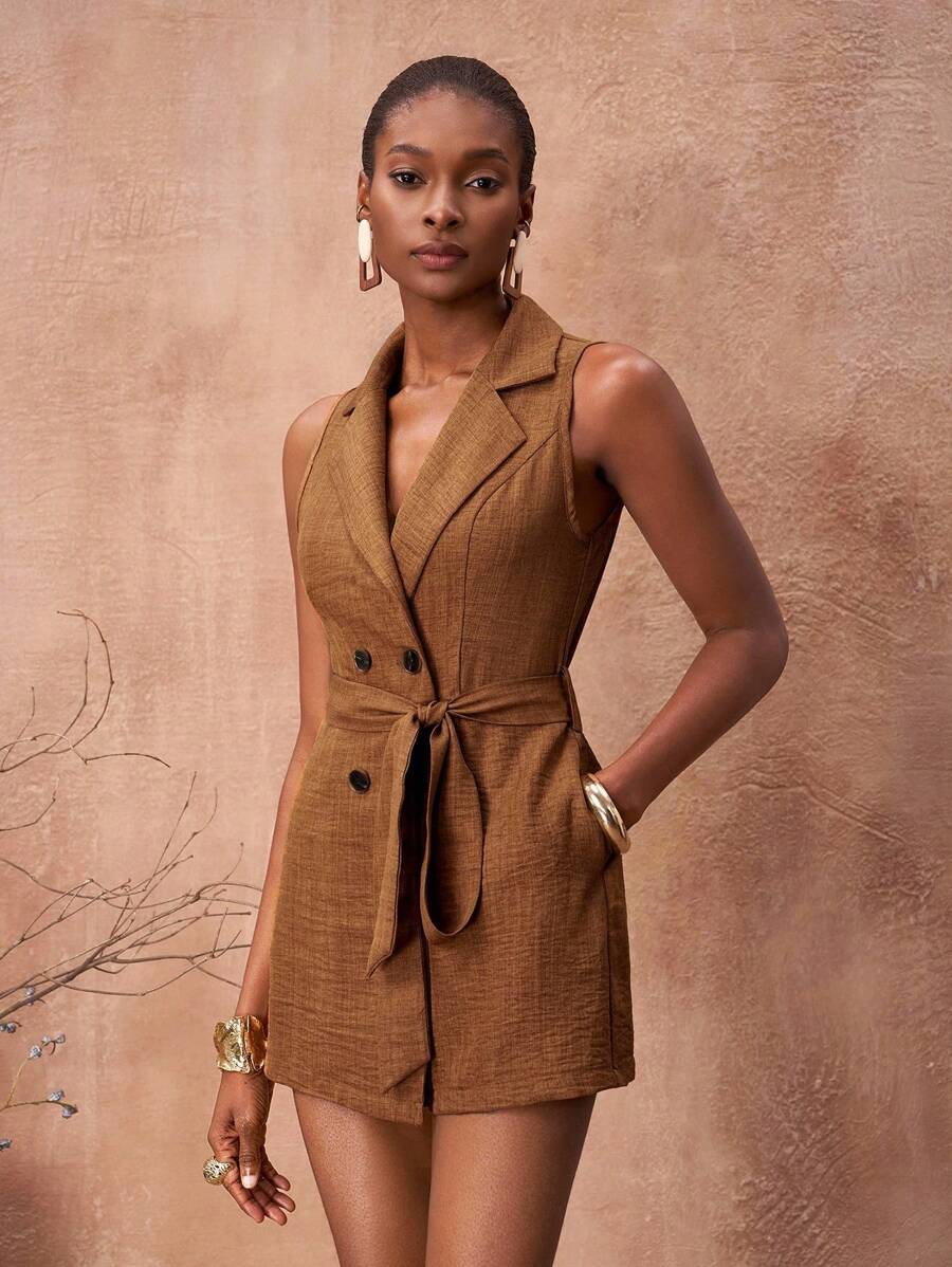 Zivah 2025 年夏季新品母亲节婚礼派对生日庆祝休闲度假优雅办公室休闲无袖领口紧身腰直筒阔腿裤带口袋，纹理棕色面料女式连体裤 - 棕色 - 查看 1