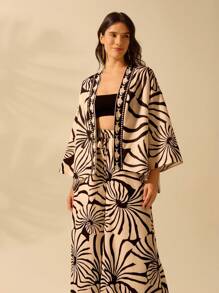 CAJUNI 女士波西米亚风印花、假日休闲夏季热带海滩灯笼袖短款和服罩衫 - 彩色 - 查看 4