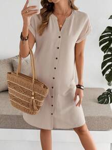 EMERY ROSE Women's Solid Color Buttonless Short Sleeve Casual Short Dress - Khaki - View 6