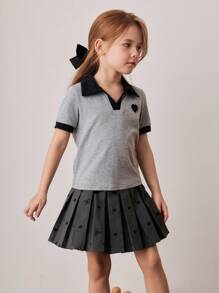 PrepCrw Young Girl Academia Style Color Block V-Neck Short Sleeve Polo Shirts,Summer Career Day Back-To-School Contrast Trim School Uniform Tops - Multicolor - View 6