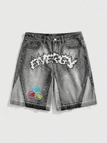 ROMWE MEN Street Life Pantalones cortos de mezclilla para hombre con parches de diamante y color contrastante
