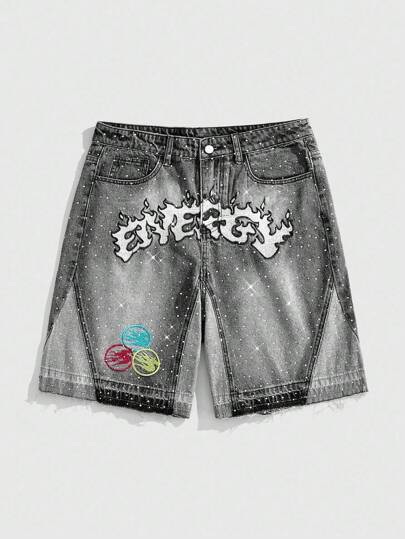 Street Life Pantalones cortos de mezclilla para hombre con parches de diamante y color contrastante