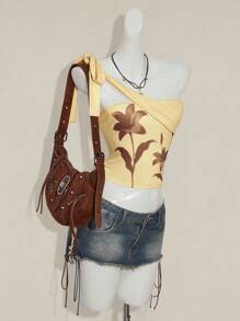 SHEIN ICON 女式波西米亚风性感图案黄色复古花卉印花挂脖无袖休闲衬衫