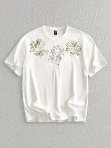 Manfinity BRENVOR Men's Solid Color Round Neck Short Sleeve Embroidered Pattern Summer Cotton Casual T-Shirt, Loose Fit - White - View 1