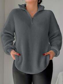 EURMUSE Plus Size Women's Solid Color Zipper Placket Long Sleeve Casual Loose Sweater - Dark Grey - View 3