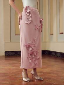 ZEYLAH Women's Elegant Commuting 3D Flower Skirt Fall Cloth For Women - Pink - View 4