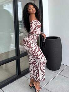 Alexandranx Zebrarandig Knytning Ryggfri Axelfri Bodycon Klänning - Brun - Visa 6