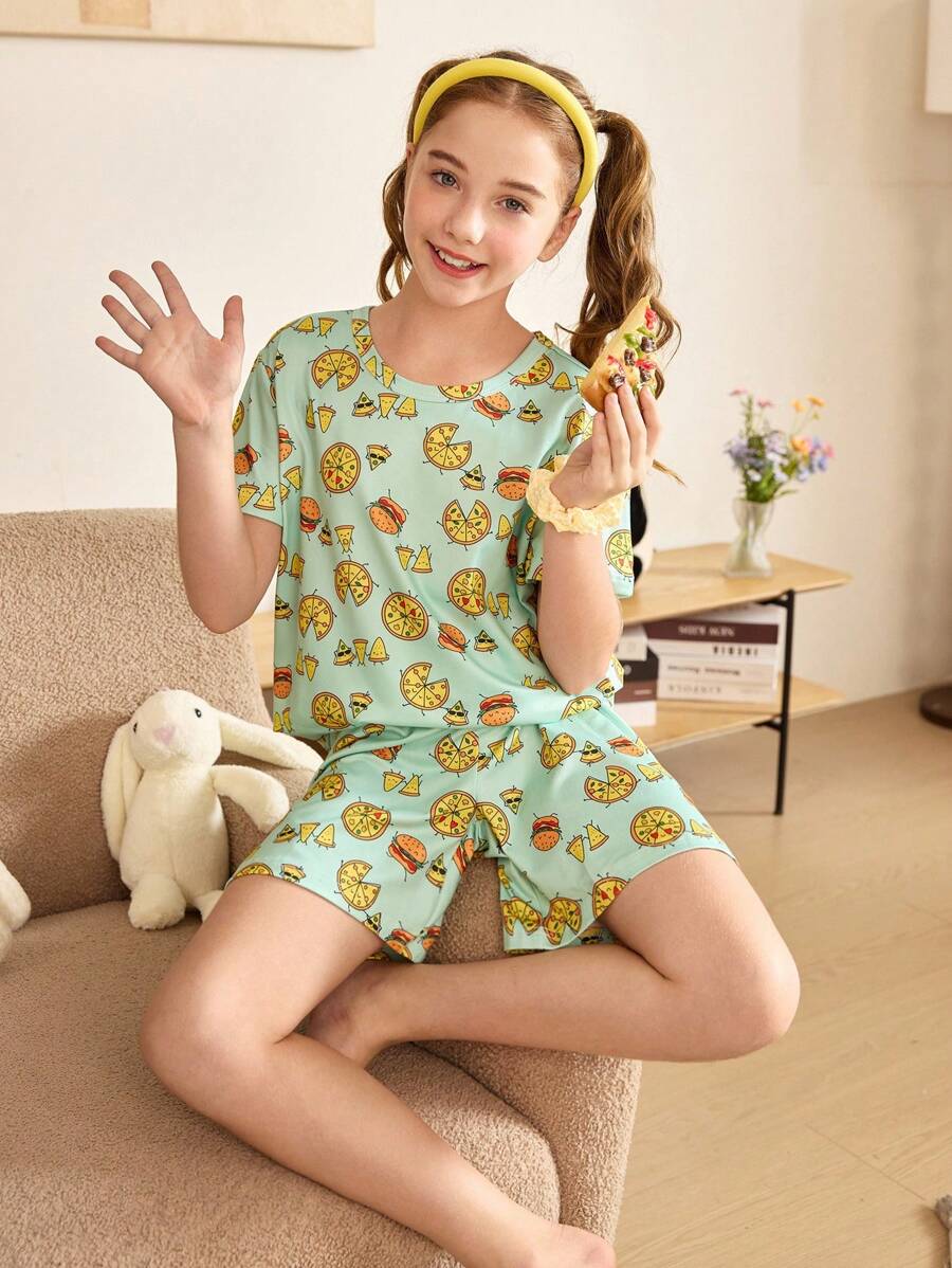 可爱动物纹少女家居睡衣套装 - 綠色 - 查看 1