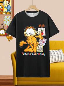 GARFIELD | SHEIN 青少年女孩休闲卡通图案黑色短袖透气夏装 - 黑色 - 查看 3