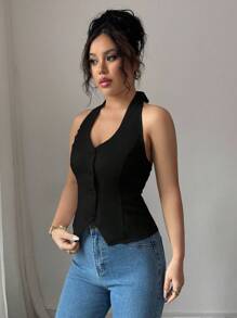 Elenzga Women's Solid Color Casual Buttoned Halter Neck Top - Black - View 5
