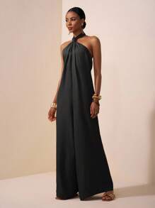 Zivah 2025 Women Summer New Music Festival, Easter, Mother's Day, Wedding Season, Daily Casual, Vacation, Cruise Travel, Beachwear Halter Backless Wide Leg Jumpsuit, Red-Brown Color Halter Neck Jumpsuit Black Jumpsuit