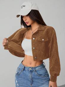 SHEIN PETITE Spring Drop Shoulder Flap Detail Crop Corduroy Jacket In Fall/Winter - Brown - View 8