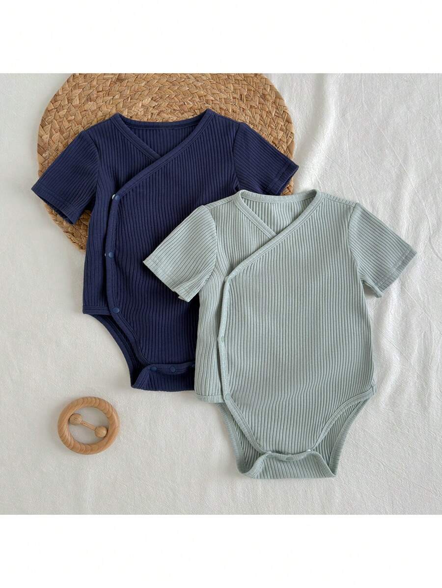 Loomiva 2件套男婴纯色柔软针织圆领短袖连体衣套装