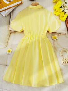 Tween Girl Front Button 3D Floral Decor Short Sleeve Dress - Yellow - View 2