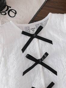 Young Girls' Elegant Embroidered Floral Lace Trim Blouse,White,Autumn,Family Matching Vintage Cute Shirt For School Uniform,Back To School Clothes - Black and White - View 5