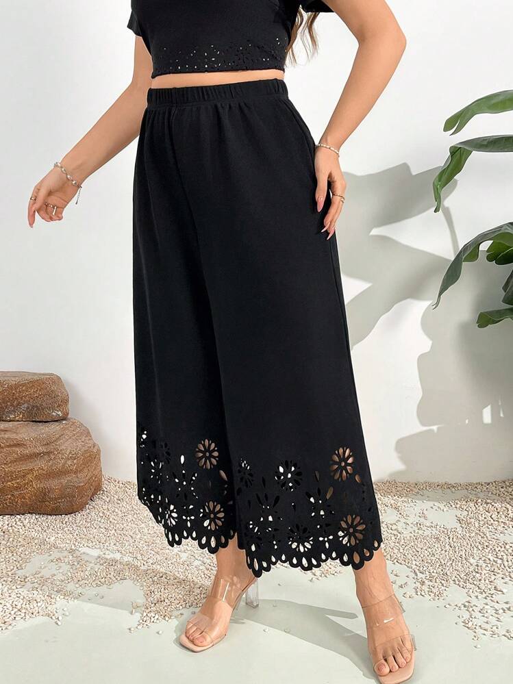 Firerie Falda para mujer de talla grande con estampado floral de silueta con cortes láser y cintura elástica para el día festivo - Negro - Añade 10