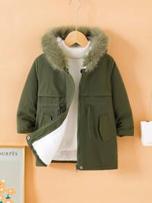 SHEIN Elladie kids 1件裝保暖內裡連帽夾克，附人造毛飾邊，適合冬季、上學通勤、戶外玩耍，女童冬外套，男童夾克，秋季 - 綠色 - 查看 3