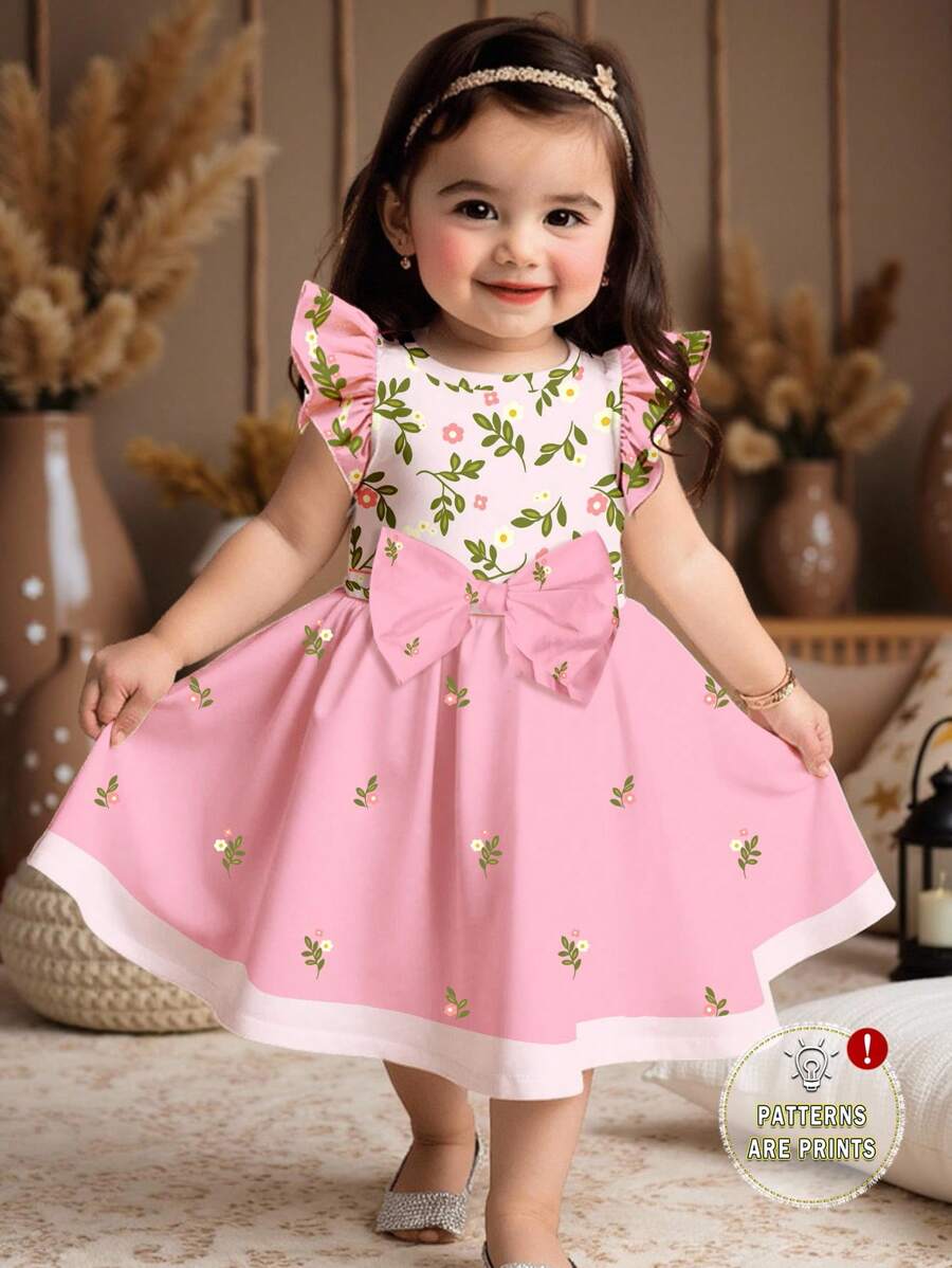 花卉、波西米亚风印花、可爱蝴蝶图案长袖女婴连衣裙，秋冬时尚，适合家庭聚会 - 彩色 - 查看 1