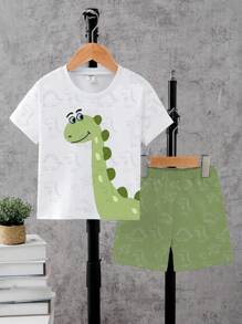 SHEIN 2 件套男婴休闲可爱卡通恐龙印花短袖 T 恤和短裤套装，可爱的日常穿着，适合春夏季