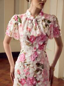 ZEYLAH 女式优雅花卉印花立领飘袖层叠下摆连衣裙，夏季度假风格 - 粉色 - 查看 2