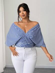 Elenzga 加大码蓝色条纹无袖衬衫裙，收腰设计，百搭优雅 - 藍色 - 查看 6