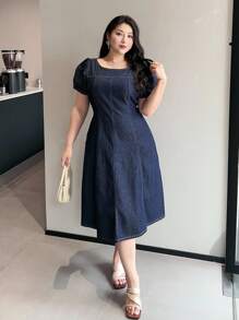 Dazy Plus 深水洗蓝色圆领泡泡袖收腰短款牛仔连衣裙