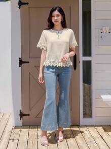 Dazy-Less Women Loose Casual Crocheted Lace Splicing Hollow-Out Design Elegant Short Sleeve Cover Up, Summer Resort Fashion - Beige - View 4