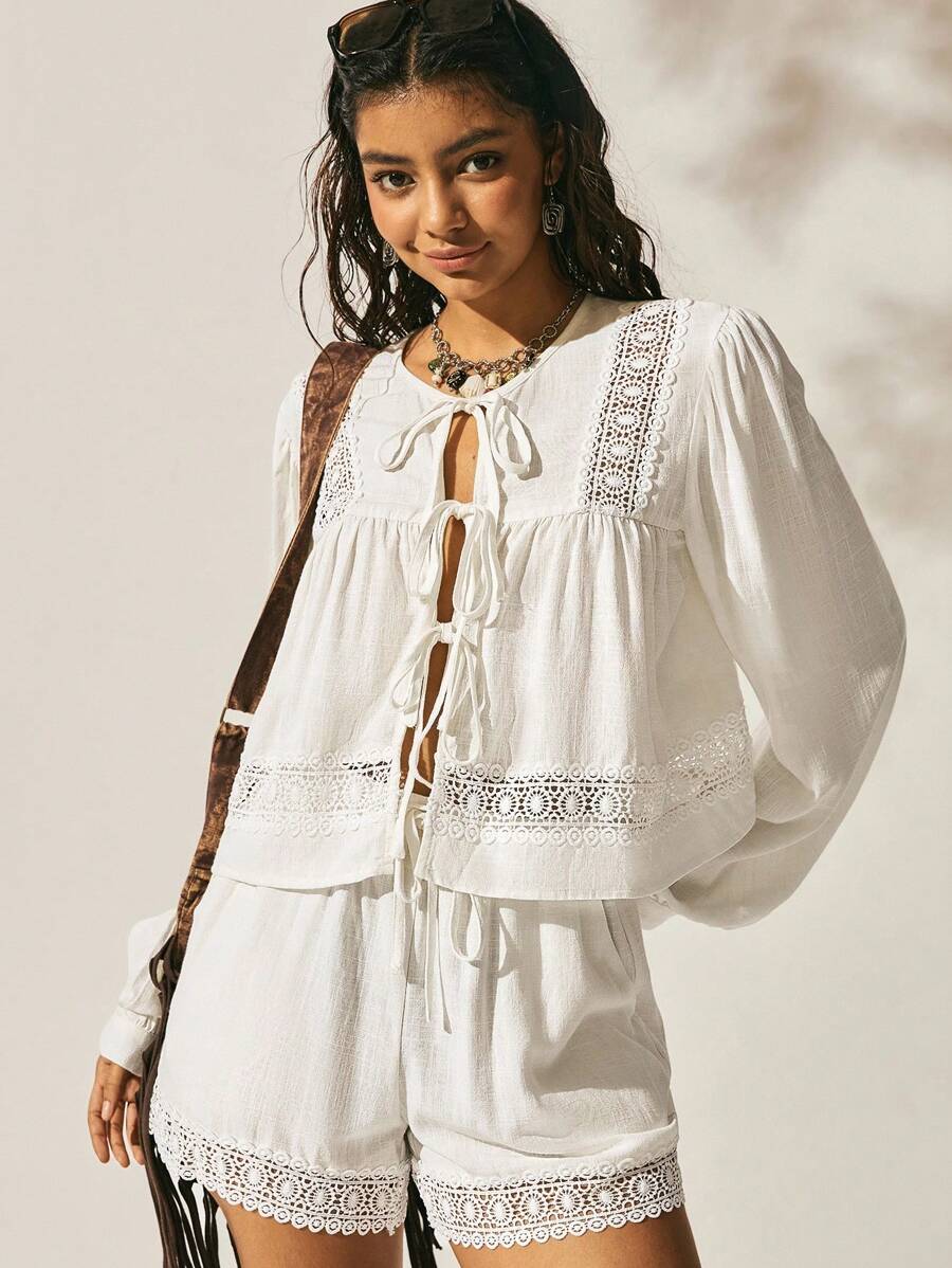 Easelle Conjunto de camisa de lino blanco y pantalones cortos con mangas abullonadas, encaje y diseño de retazos en estilo vintage casual para vacaciones