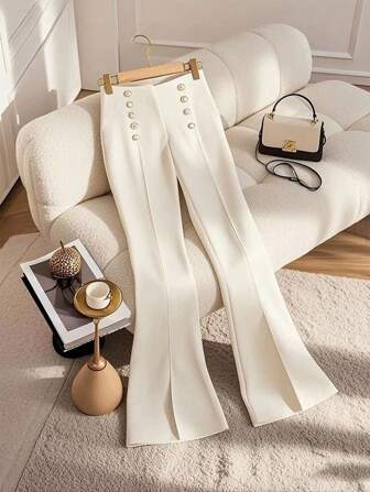 GlowEve Damen Lässig einfarbig elegante Hose mit Metallschnalle und ausgestelltem Beinschnitt vorne