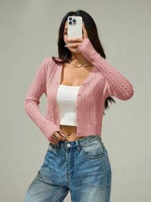 SHEIN PETITE 女士纯色简约长袖开衫、可爱毛衣、短款毛衣、针织毛衣、秋冬装、黄色女装、长袖上衣 - 粉色 - 查看 6