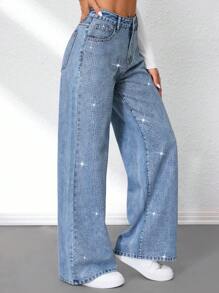 SHEIN Tall 女式 Y2k 休闲时尚钻石装饰口袋牛仔裤 返校秋季女装牛仔裤 - 藍色 - 查看 4