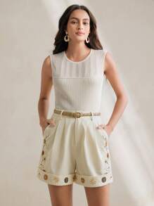 Anewsta Short plissé floral brodé décontracté pour femmes pour les vacances d'été - Nude - Voir 6