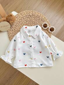 SHEIN Chemise à manches longues décontractée et polyvalente pour bébé fille avec imprimé cœur