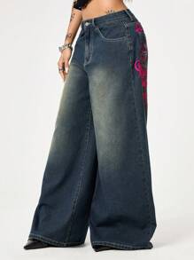 ROMWE Grunge Punk Punk Distressed Cross & Vine Embroidery Washed Loose Straight Leg Extra Long Jeans Pants