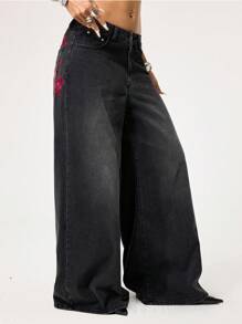 ROMWE Grunge Punk Punk Post-Apocalyptic Cross & Vine Distressed Wash Extra Loose Straight Leg Extra-Long Denim Trousers