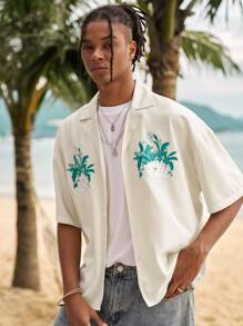 ROMWE MEN The White Lotus Men's Summer Casual Resort Style Lotus Flower Print Lapel Collar Short Sleeve Shirt - Apricot - View 4