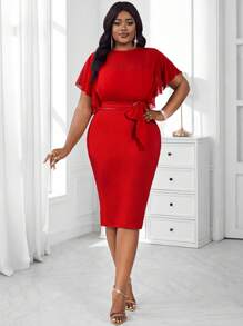 SHEIN Lady 2025 Plus Size Elegant Solid Color Fitted Dress, Summer Halloween Halloween Costumes Teacher Outfits For Women Business Casual Woman Office Outfits For Women Homecoming Dress Fall Clothes For Women Fall Clothes For Women Vacation Outfits Woman Beach Outfits For Woman Formal Dresses For Women Dresses For Women Elegant Birthday Dresses For Women Wedding Guest Dress Dresses For Women Party