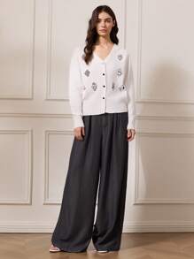 Briarwyn Áo khoác cardigan dáng rộng cổ chữ V tay dài cài khuy đơn đính sequin cho nữ, trang phục mùa thu, trang phục trở lại trường, phong cách quý tộc cổ điển dành cho phụ nữ, trang phục giáo viên dành cho nữ. toàn màu trắng, áo khoác cardigan kín đáo - trắng - Xem 6