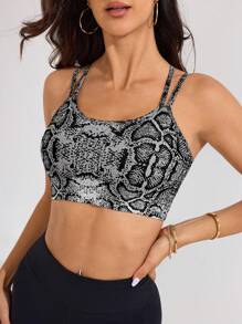 SHEIN Sports Women's Black And White Snakeskin Print Spaghetti Strap Cropped Sports Bra Active Top For Gym Workout. - Black and White - View 6