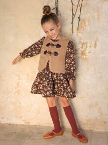 Emery Rose Kids Emery Rose Kids 年轻女孩复古碎花长袖编织圆领连衣裙 - 咖啡棕 - 查看 6