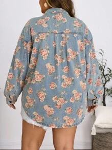 EMERY ROSE Plus Size Women Casual Holiday Print Pattern Non-Stretch Light Blue Denim Jacket - Light Wash - View 2