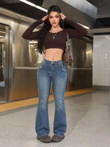 SHEIN EZwear 女士春秋时尚休闲洗水斜口袋喇叭腿牛仔裤 - 中等水洗藍 - 查看 4