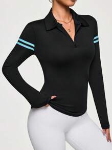 Easithlete Easithlete Camiseta polo deportiva de mujer de manga larga a rayas con media cremallera - Negro - Ver 4