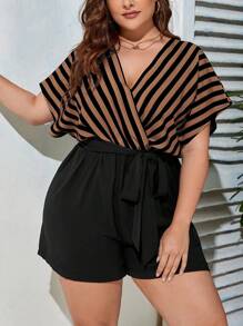 Firerie Plus Striped Print Belted Romper
