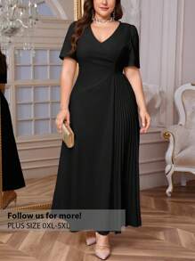Firerie Plus Size Women's Black Autumn Elegant Formal Evening Formal Short Sleeve Ruched Stretchy Cocktail Party Graduation Flowy Dress,Comfortable Casual - Black - View 1