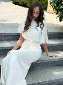 Aloruh Elegant Minimalist Commuting Fashion Elastic Waist Design Multilayered Ruffle Decor Waist Ruffle Slimming Long Dress For Formal, Casual Date, Vacation,Prom Dress