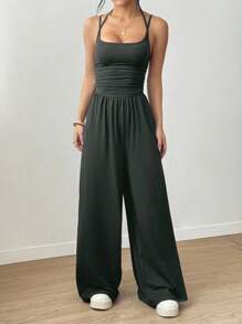 Flirla Spring/Summer Casual Pleated Loose Straight Leg Jumpsuit With Adjustable Straps For Women